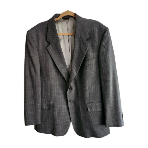 Savile Row Macy's 100% Wool Made In Poland 2 Button Gray Stripe Blazer 44 Short - Picture 1 of 13